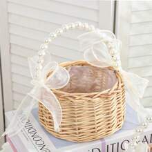 Panier de fleurs de mariage Demoiselle d'honneur avec poignée de perle Panier de fleurs en dentelle blanche Style vintage rustique Décoration de cérémonie de mariage Fête de la mariée