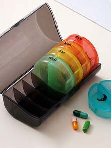 1 Set de 7 días de caja portátil circular para pastillas (7 cajas de medicina separadas + 1 caja de almacenamiento), contenedor de almacenamiento de medicina de viaje multicolor con compartimentos para organizar la medicación de mañana/noche, 14 cajas de clasificación de medicina negra, caja de medicina portátil con compartimentos de plástico - Multicolor - Ver 11