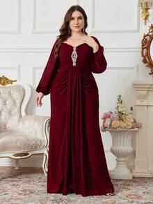 SUPGIR Women's Chiffon Lantern Sleeve Elegant Pleated Rhinestone Decorated Solid Color Dress - Màu Đỏ Sâu - Xem 4