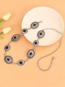 Vintage Chic Handmade Iron Adjustable Silver Color Waist Chain For Women, Tropical Floral Print Zinc Alloy Flower Women Waist Chain, Suitable For Wedding, Spring/ Summer/Autumn/Winter Summer