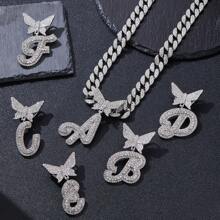 1pc Hiphop Style Curb Chain Necklace With 26pcs Butterfly & Alphabet Charm Pendant, Gift Box Packaging Suitable For Friends