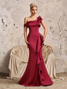 Abito da sera elegante a sirena in raso lucido bordeaux con decorazione fiocco, adatto per balli, eventi formali, cerimonie, ospiti di matrimoni