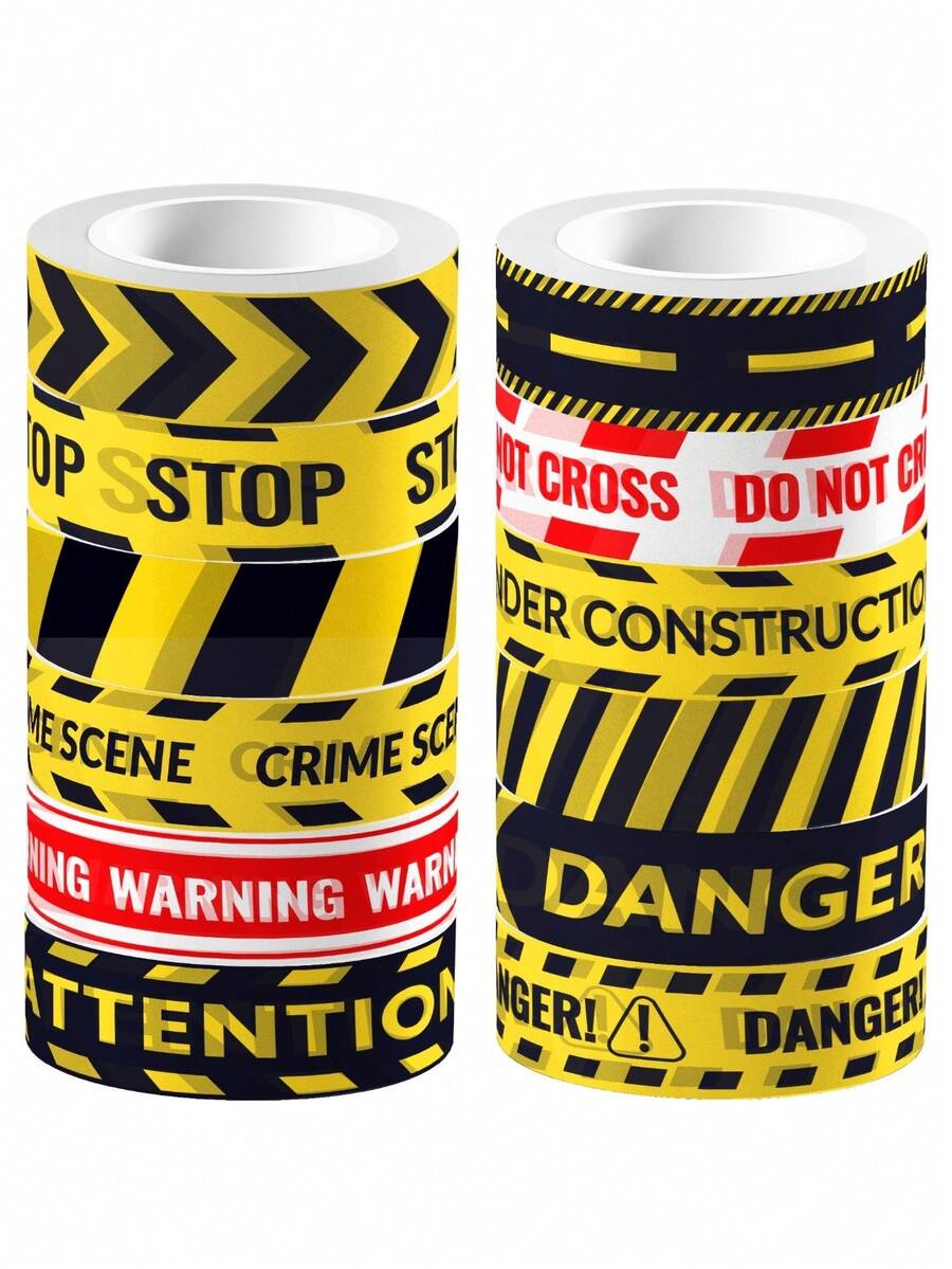 12 卷警告和纸胶带套装建筑主题标语黄红黑自粘遮蔽胶带适用于日记本、礼品包装、工艺用品、建筑生日派对用品、返校用品