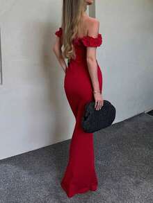 Floreya elegantes rotes Rüschenkleid mit Off-Shoulder für Date Nights und Feiertage, figurbetontes Meerjungfrauenkleid in Maxilänge - Rot - Übersicht 2