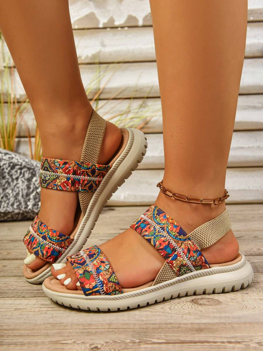 女士轻便厚底波西米亚坡跟凉鞋，舒适时尚百搭一脚蹬波西米亚风佩斯利图案海滩度假不对称户外海滩节假期