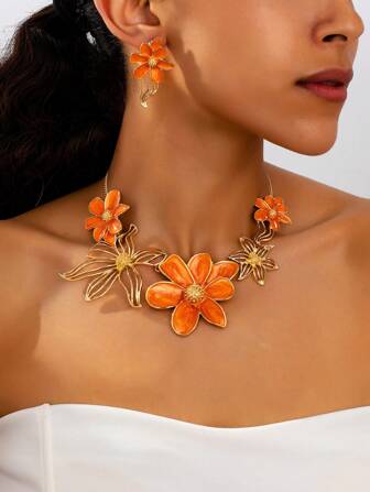 3pcs/Set Elegant Metal Enamel Flower Pendant Necklace & Earring Set, Suitable For Ladies' Daily & Holiday Outfit, Gift