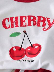 2pcs/Set Little Girls Casual Cherry Print Top + Simple Versatile Shorts, 2 Pieces Outfit