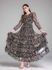 Women's V-Neck Allover Print Layered Ruffle Hem Elegant Dress - Black - View 6