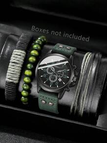 4PCS Green Men's Watch Set Fashion Business Versatile Classic Quartz Watch Bracelet Set With Calendar Suitable For Daily Clothing Matching Or Holiday Gifts