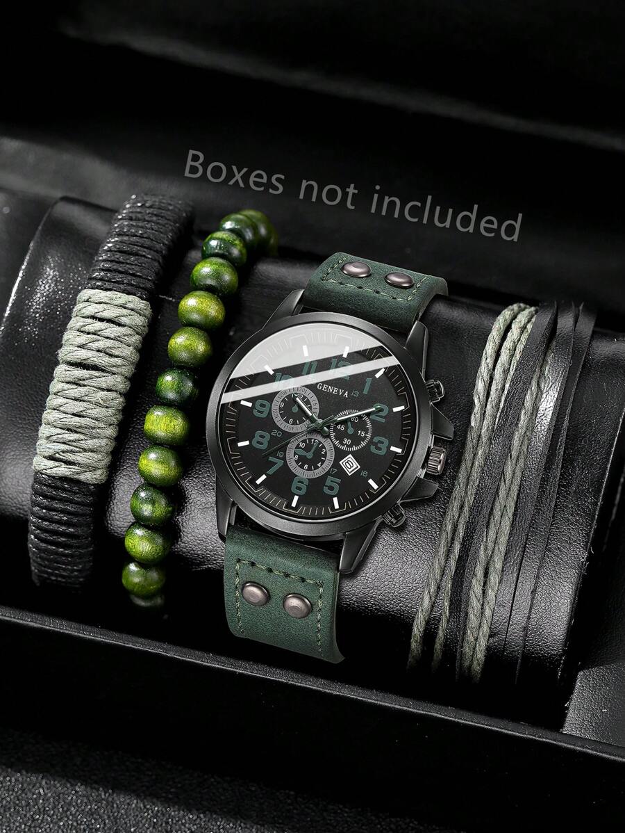 4PCS Green Men's Watch Set Fashion Business Versatile Classic Quartz Watch Bracelet Set With Calendar Suitable For Daily Clothing Matching Or Holiday Gifts