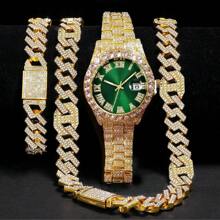 Set de joyería de 3 piezas estilo europeo y americano hip-hop con diamantes completos, reloj, collar y pulsera con rhinestones, correa de metal y calendario, regalo para estudiantes hombres y mujeres