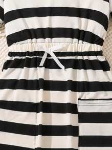 Casual Striped Hooded Knit Short Sleeve Dress For Big Girls