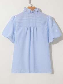 Acelitt 蓝白条纹泡泡袖荷叶领休闲衬衫，夏季 - 藍色 - 查看 5