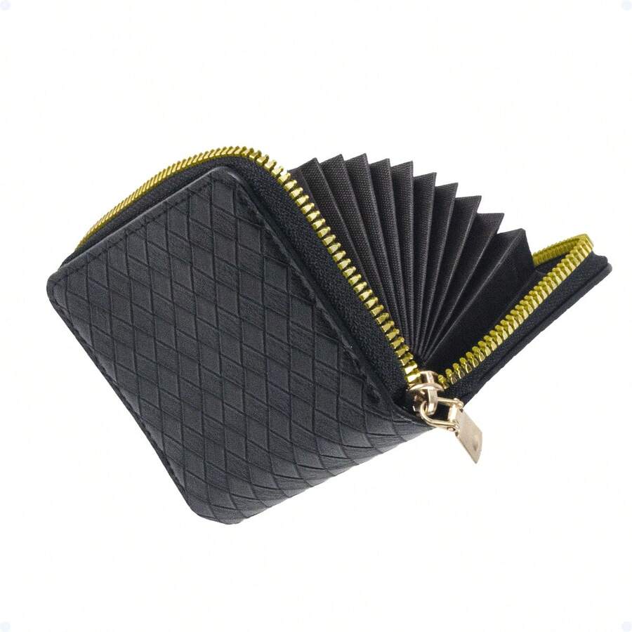 Unisex Slim Anti-Theft Zipper Card Holder Wallet Universal Women Men Plaid - 黑色 - 查看 1