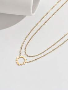 1pc Double-Layer Gold Pendant Necklace, Unique & Charming, Simple & Fashionable, Versatile, Suitable For Various Occasions - Yellow Gold - View 3