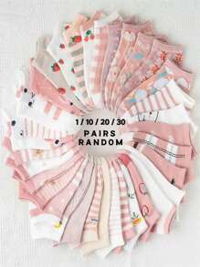 1 Pair/10 Pairs/20 Pairs/30 Pairs Of Random Spring And Summer Style Pink Candy Color Cute Cat Strawberry Flower Japanese Sweet Cute Ins Style Girls Campus Sports Daily Versatile Soft Skin Friendly Comfortable Sweat Absorbing Breathable Women's Short Socks