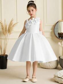 优雅花卉提花缎面舞会/派对连衣裙，适合年轻女孩，可用于生日派对、度假等场合，不含头饰 - 白色 - 查看 2