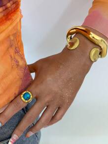 Frminee 1 pieza Conjunto de anillos vintage de piedras preciosas con acabado de oro de 18k y acero inoxidable grueso para mujer, anillo apilable de declaración de moda, anillo nudillo hecho a mano con piedras preciosas gótico retro, regalo de joyería para el Día de San Valentín, regalo de joyería navideña, anillo de circonita cúbica
