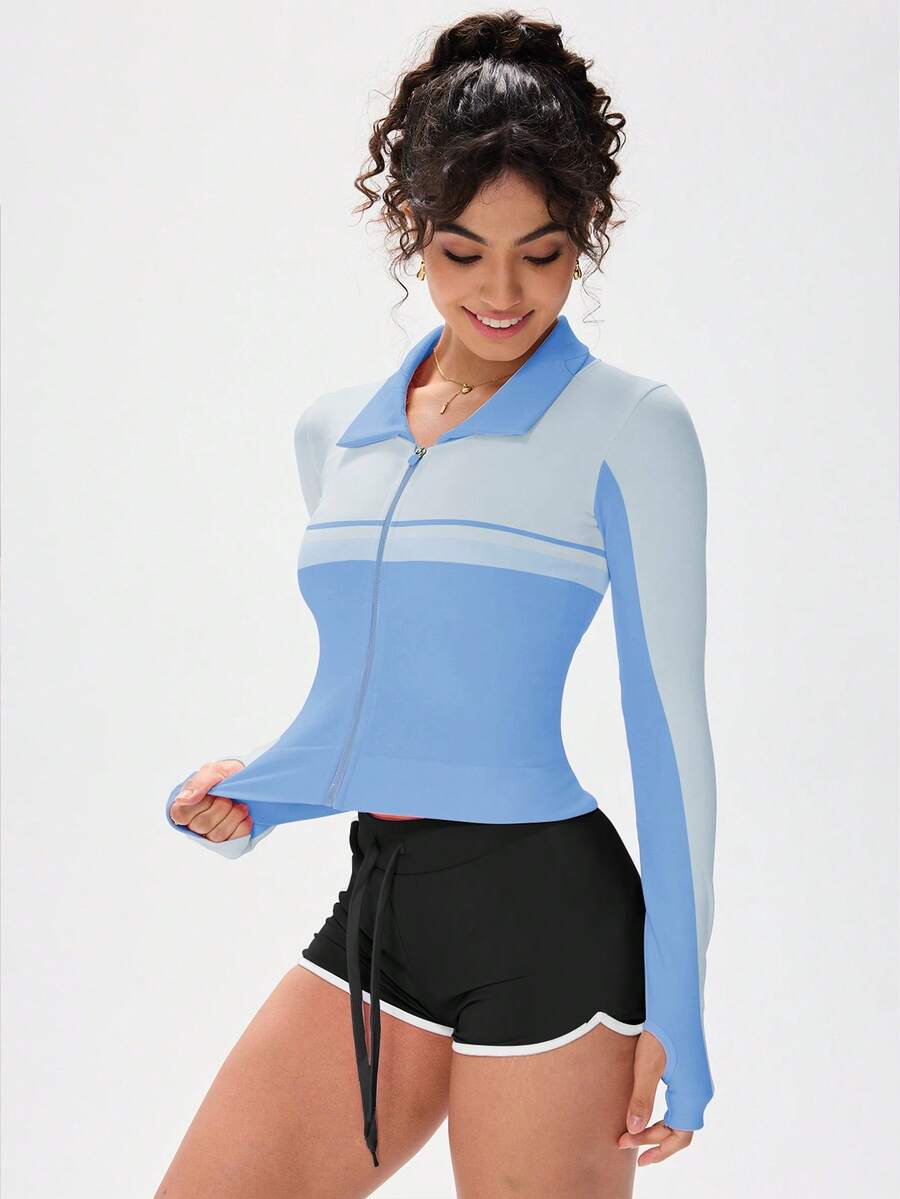 PinkTip 2025 Summer Seamless Yoga Sculpting Short Sleeve Jacket Tummy Control & Breathable Workout - Blue - View 1