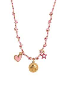 1 件不锈钢材质休闲海滩度假风格海洋生物太阳龟星花吊坠珍珠吊坠编织织物链女士项链，高品质，镀 18K 金，防水防汗，适合日常使用，是送给妻子、母亲和女朋友的最佳礼物