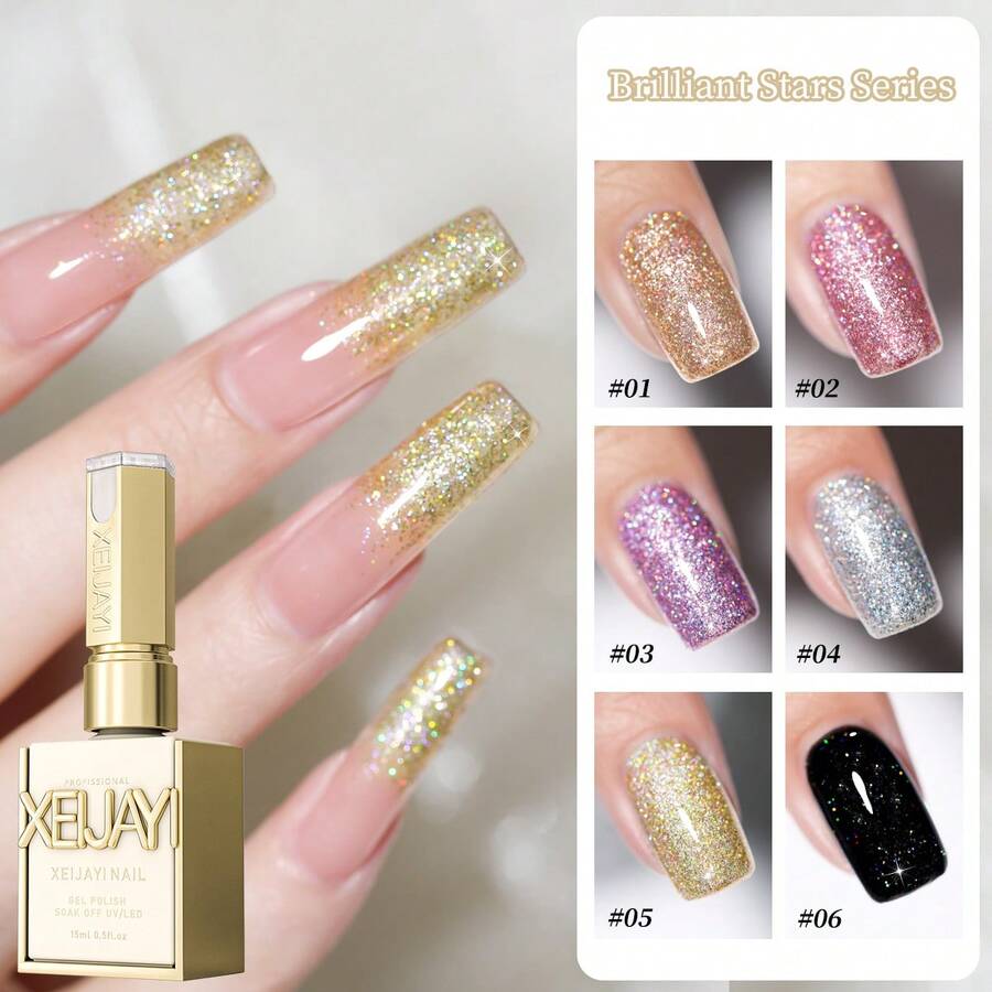 XEIJAYI XEJAYI 6-Color 15ml Brilliant Stars Crushed Gel Nail Polish Set,UV LED Soaking Nail Gel, Semi-Permanent, DIY Salon Quality Nail Art Gel For Spring And Summer