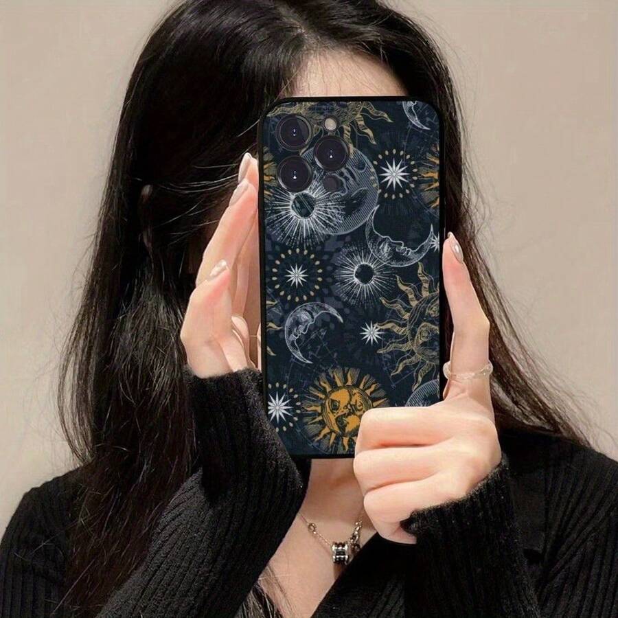 Zodiac Sign Dial Moon Star Painted Phone Case For IPhone 16/15/14/13/12 Pro Max 16/15/14 Plus, As Well As  Galaxy S25 S24 S23 S22 ULTRA. - 藏蓝色 - 查看 1