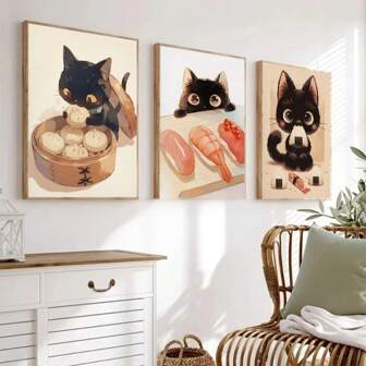 1 pieza Póster de regalo vintage con gato japonés comiendo ramen y sushi Maneki Neko para decoración de pared de la cocina, opción de marco