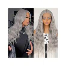 Parrucca sostitutiva 13x4 in pizzo svizzero trasparente, 26 pollici, resistente al calore, fibra morbida, riga centrale, stile lungo e ondulato, colore grigio, parrucca sintetica frontale in pizzo per donne e ragazze per uso quotidiano e feste