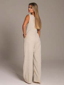 Elegant Linen Pantaloon Jumpsuit Wide Legs And Discreet Pockets - Beige - View 2
