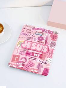 1pc Pink Jesus/Slogan Text Collage Pattern Tablet Protective Case, Compatible With IPad 10.2 Inch, IPad Pro 11 2021/2020/10th Gen, IPad Mini 4/5/6, Galaxy Tab A8 10.5 Inch 2022, Matepad 10.4/Tab, With Pencil Holder, Shockproof, Tablet Stand Cover - Multicolor - View 5