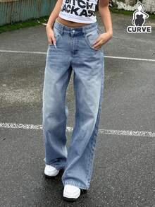 女士休闲宽松直筒牛仔裤 - 中等水洗藍 - 查看 3