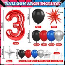 Juego de arco y número de globos de látex con estrella roja, decoraciones de cumpleaños, juego de arco de globos rojo, azul, negro y plateado con torres de globos numéricos rojos de 40" del 1 al 11, globos de cumpleaños, adecuado para fiesta de cumpleaños temática de superhéroe - Multicolor - Ver 3
