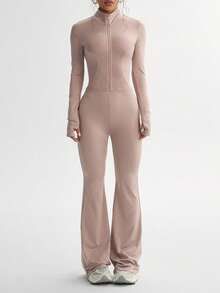 女士纯色长袖上衣和修身运动裤套装，适合健身和锻炼 - 藕粉色 - 查看 3