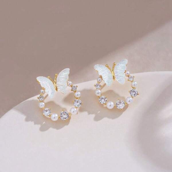 1 par de pendientes elegantes con diseño de mariposa y lazos con acentos blancos - Joyas de aleación con estilo deportivo elegante para citas, fiestas y uso diario - Regalo perfecto para novia, familia