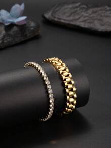 2pcs Stainless Steel Simple Men's Bracelet Jewelry Set With Rhinestone, Waterproof And Fade-Resistant, Suitable For Men's Daily Wear