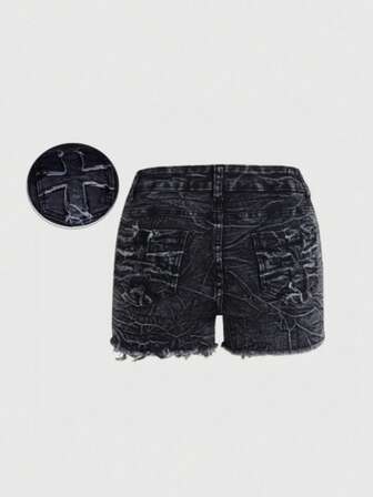 Distressed Black Denim Shorts, Unique Texture Design, Suitable For Outing, Vacation Or Home Wear