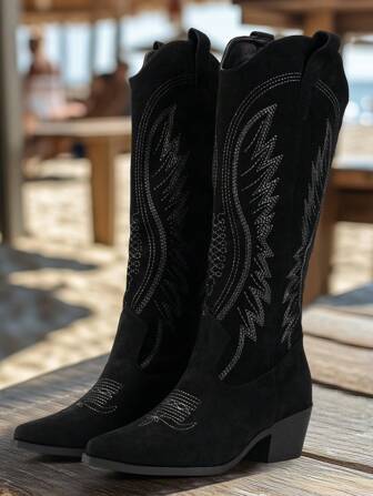 New Chunky Heel Anti-Slip Retro Embroidery Boots, Women Mid-Calf Comfortable Riding Boots, Casual Western Style, Suitable For Autumn/Winter,Cowboy Boots