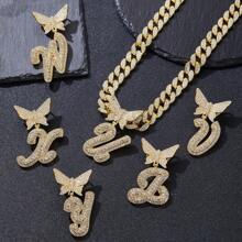 1pc Hiphop Style Curb Chain Necklace With 26pcs Butterfly & Alphabet Charm Pendant, Gift Box Packaging Suitable For Friends