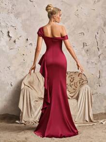 Abito da sera elegante a sirena in raso lucido bordeaux con decorazione fiocco, adatto per balli, eventi formali, cerimonie, ospiti di matrimoni