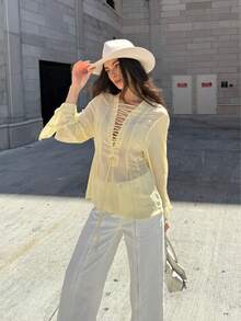 Bluză elegantă de damă cu imprimeu panglică, culoare simplă, cu manșete evazate, stil casual, pentru petreceri, primăvară/vară - Galben - Vizualizare 2