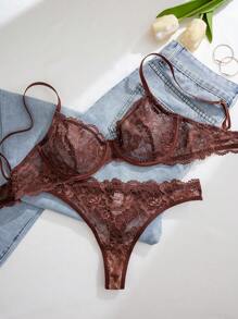 1pc Women's Solid Color Lace Wireless Comfy Bra Set