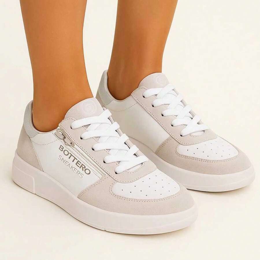 Women's White Genuine Leather Bottero Sneakers With Side Zipper New Blogger Comfortable - trắng - Xem 1