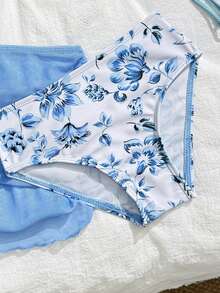 Young Girl Floral Print Spaghetti Strap Bikini Set Set With Cover Up Pareo Skirt, Summer Holiday - Blue - View 3