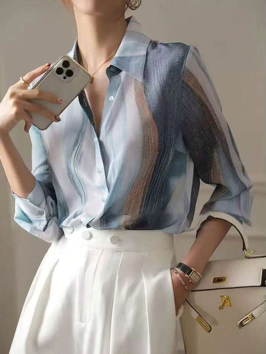 女士渐变色单排纽扣休闲/办公长袖衬衫 - 彩色 - 查看 1