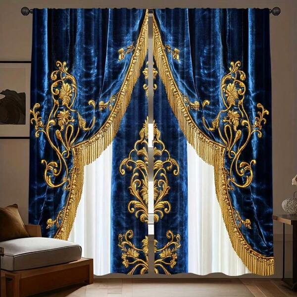 2 cortinas semitransparentes azul-royal com bordado dourado - estilo palácio luxuoso, 100% poliéster, estampa floral elegante, adequadas para quarto, sala de estar, decoração de escritório, cortinas para sala de estar