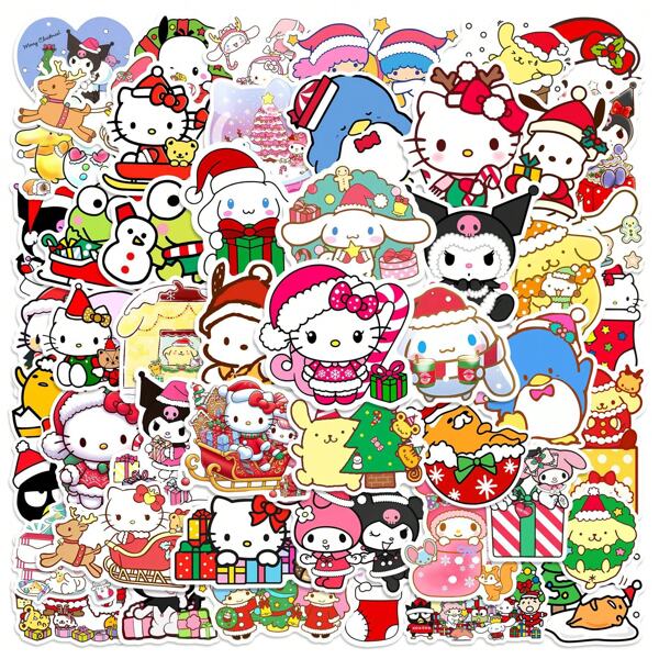 Sanrio 50PCS Sanrio Kawaii Christmas Cartoon Stickers Cute Hello Kitty Kuromi Sticker Luggage Laptop Phone Case Scrapbook Graffiti Decals Gift