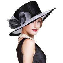 HIMESPORT Sombreros de boda para mujer verano 2025 - Bombín vintage con ribete de cinta de encaje, sombrero de cúpula elegante de ala ancha para el té, la iglesia y los accesorios nupciales, diseño de copa plana ajustable negro/blanco