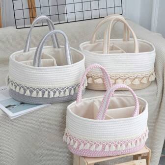 1pc Baby Diaper Caddy, Toy Storage Basket, Handwoven Tasseled Portable Organizer Basket, Detachable Compartments