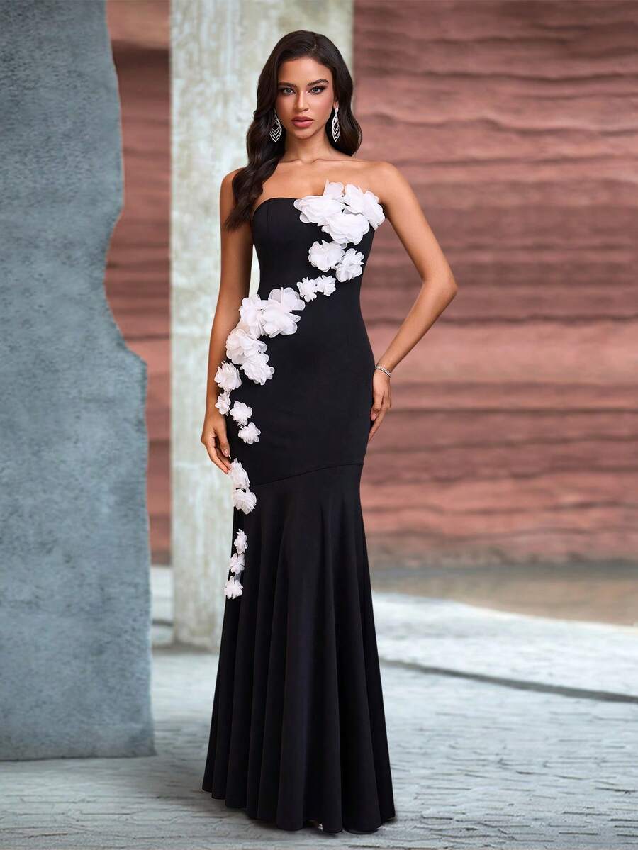 Lang Blumen Farbblockiertes elegantes Meerjungfrauenkleid mit trägerlosen Oberteil