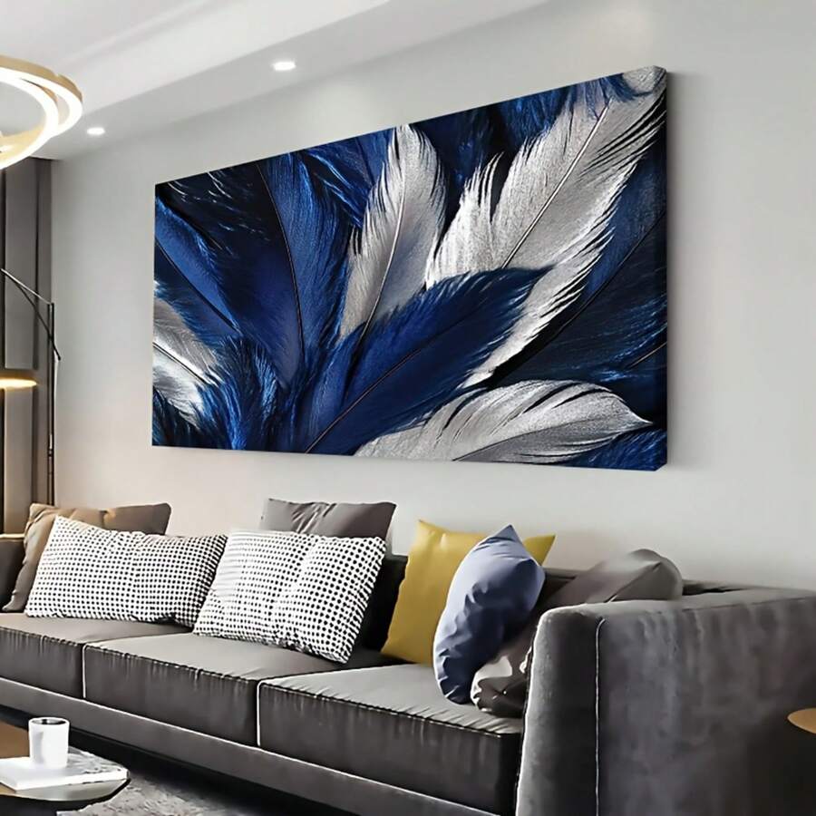1pc Exquisite Framed Canvas Poster, Close Up Of Dark Blue And Silver Feathers Their Texture Detail Poster For Home Or Office Bathroom Living Room Decor Inspirational Canvas Wall Art Decoration Festival Gift For Her Him